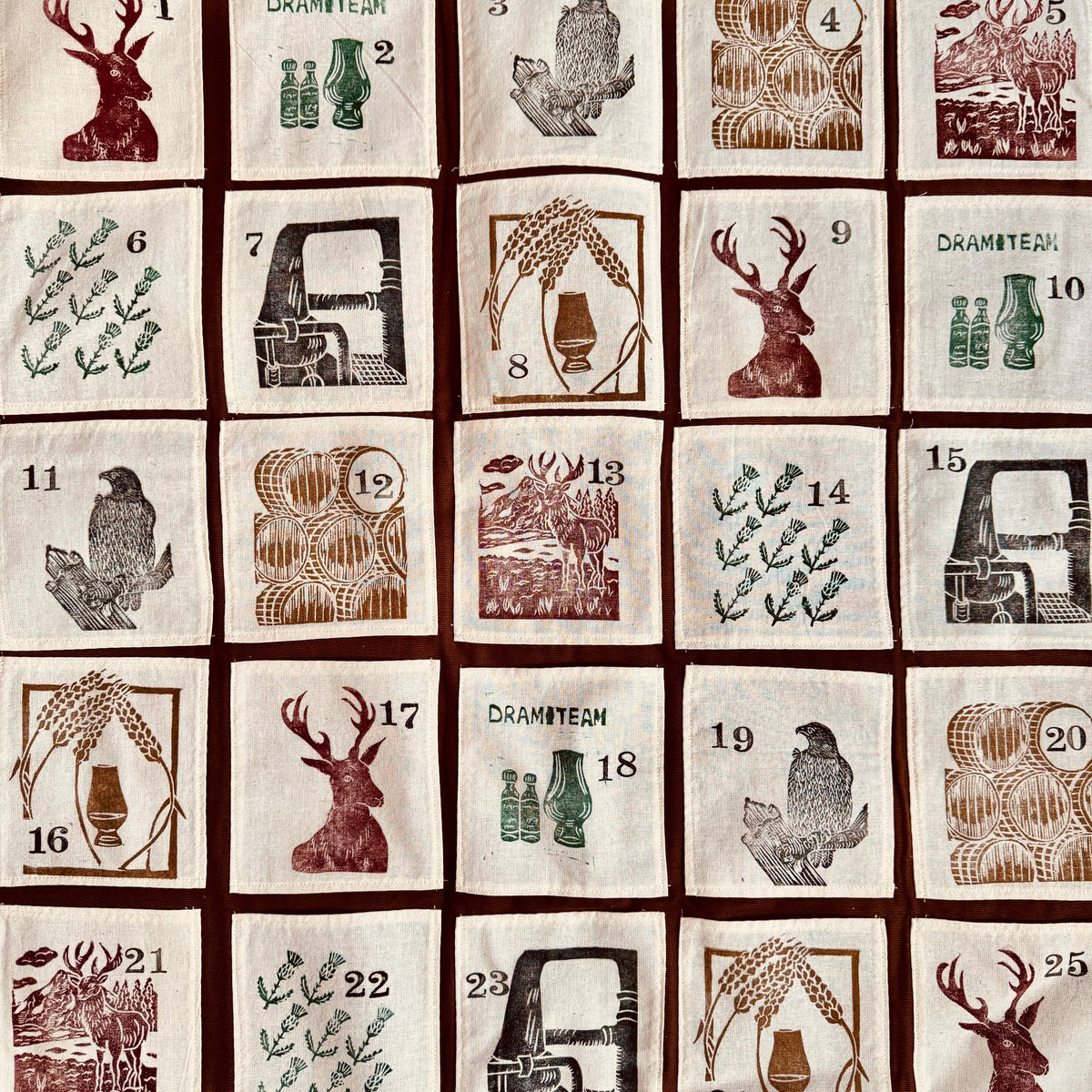 A decorative fabric advent calendar with Scottish-themed designs.